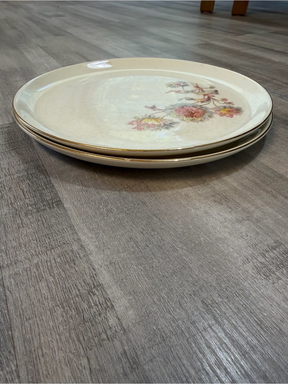 Vintage French Saxon China Floral Dinner Plates Set of 2 22K Gold Trim